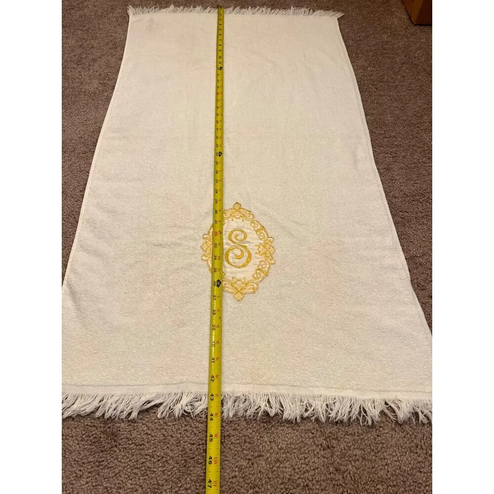 Vtg Cannon White Bath Towel With Fringe & Yellow 